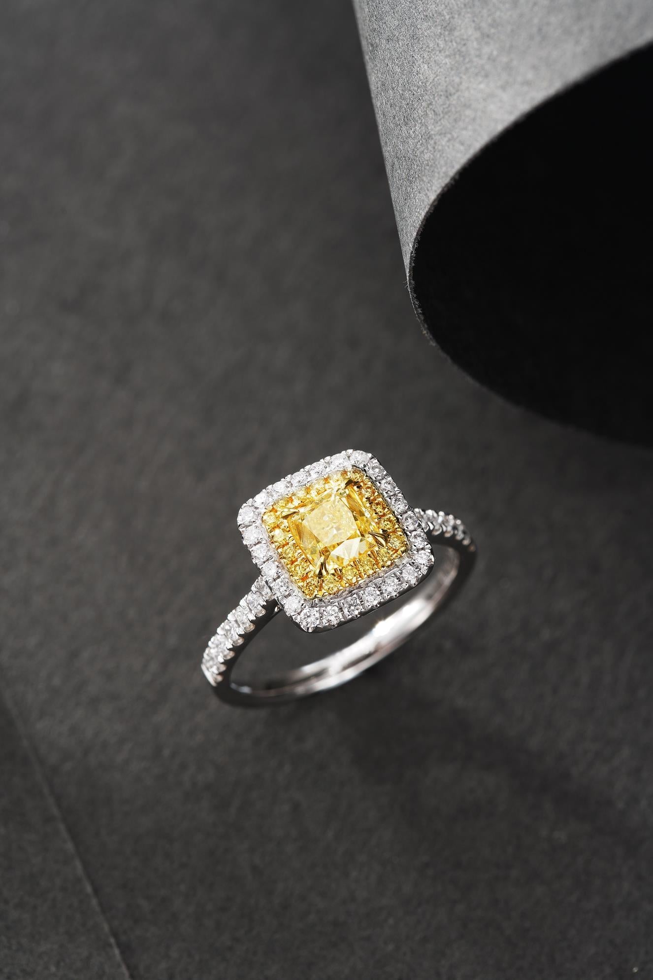 18K Yellow Gold Diamond Pillow Shape Halo Ring - Premium Jewelry - Yellow Diamond Ring