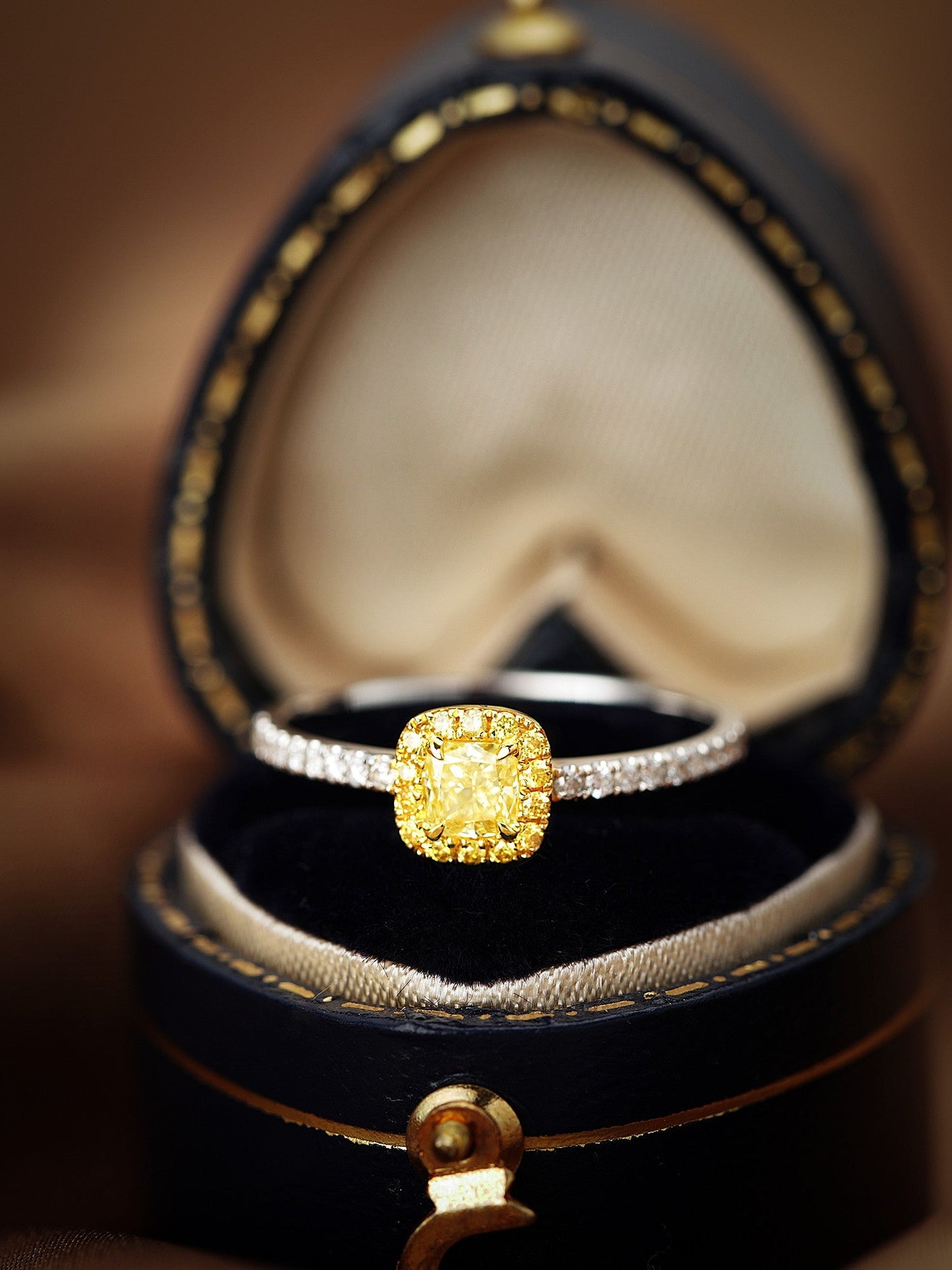 18k Yellow Gold Diamond Pillow Shape Halo Ring | Premium Jewelry - Yellow Diamond Ring