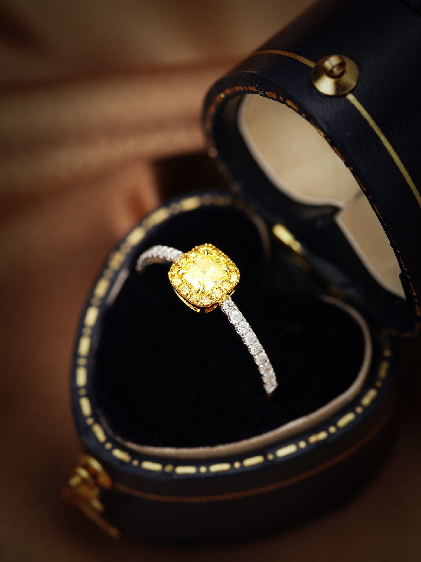 18k Yellow Gold Diamond Pillow Shape Halo Ring | Premium Jewelry - Yellow Diamond Ring