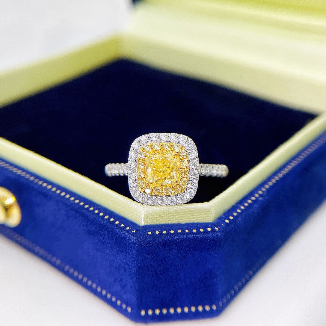 18K Yellow Gold Diamond Pillow Shape Halo Ring - Premium Jewelry - Yellow Diamond Ring