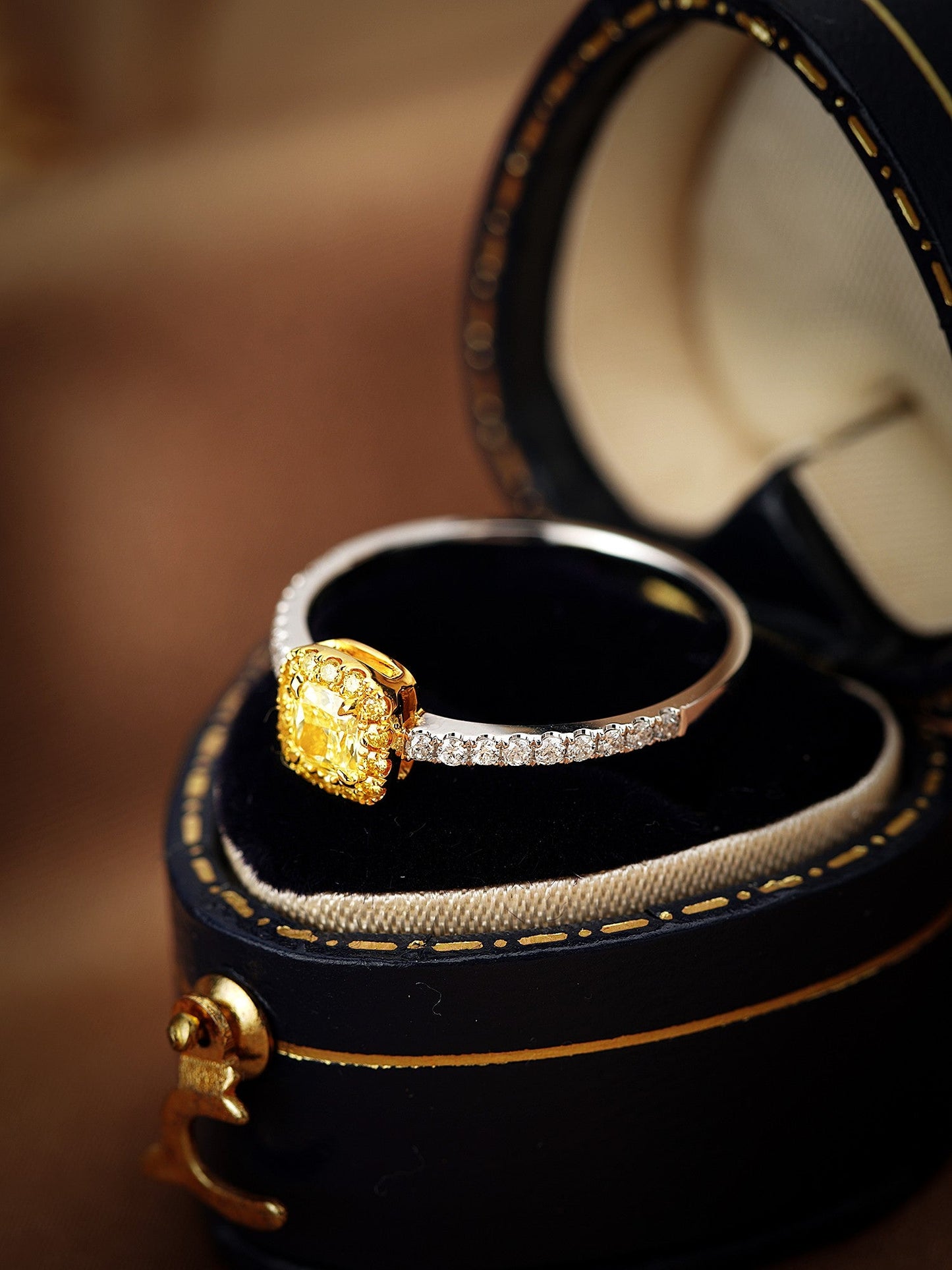 18k Yellow Gold Diamond Pillow Shape Halo Ring | Premium Jewelry - Yellow Diamond Ring