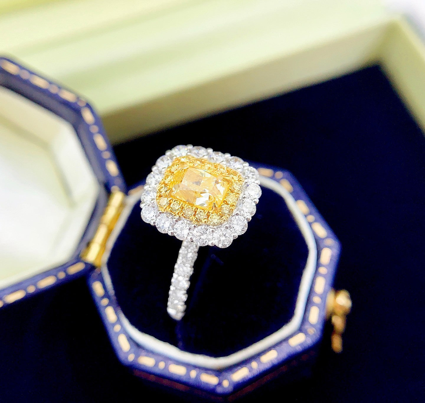 18K Yellow Gold Diamond Pillow-Shape Halo Split-Color Ring | Premium Jewelry - Yellow Diamond Ring