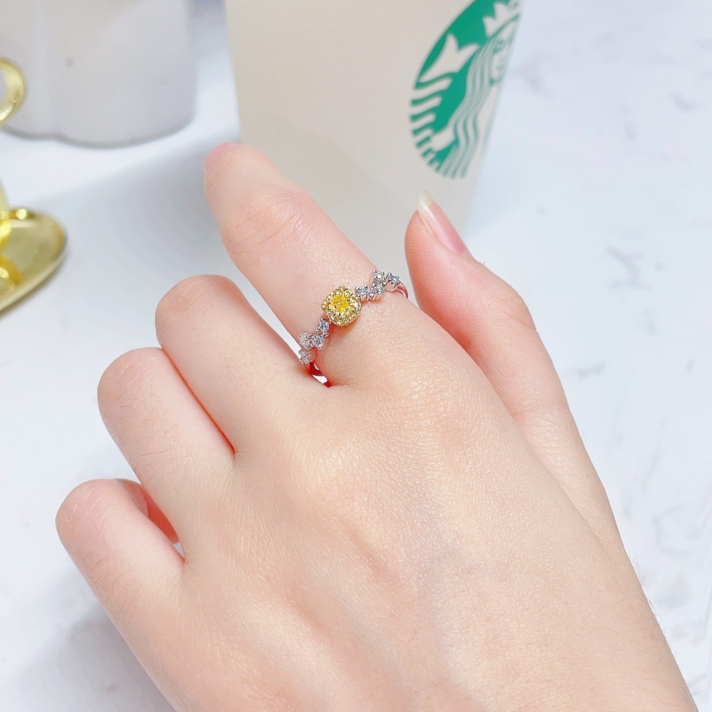 18K Yellow Gold Diamond Pillow Shape Halo Starry Sky Ring | Premium Jewelry - Yellow Diamond Ring