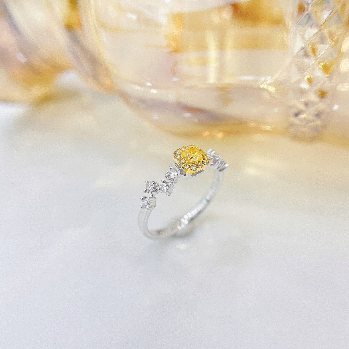 18K Yellow Gold Diamond Pillow Shape Halo Starry Sky Ring | Premium Jewelry - Yellow Diamond Ring