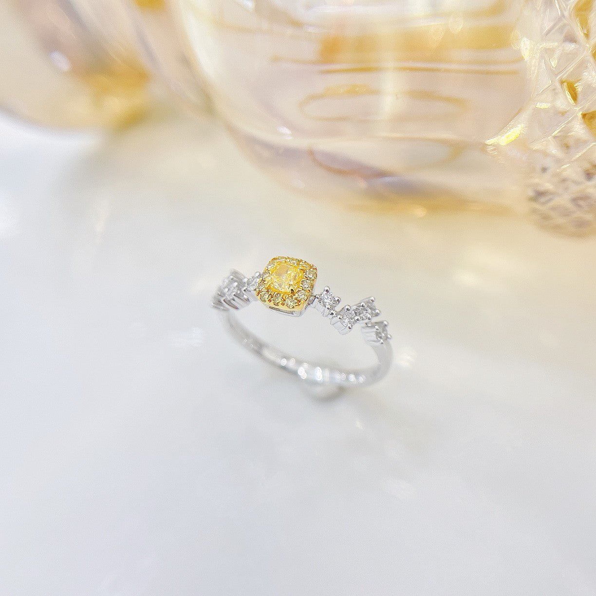 18K Yellow Gold Diamond Pillow Shape Halo Starry Sky Ring | Premium Jewelry - Yellow Diamond Ring