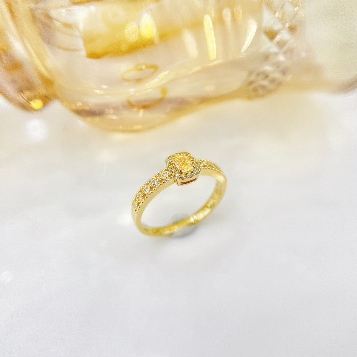 18K Yellow Gold Diamond Pillow Shape Lace Edge Ring - Luxury Jewelry - Yellow Diamond Ring