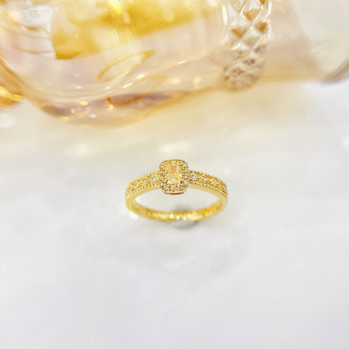 18K Yellow Gold Diamond Pillow Shape Lace Edge Ring - Luxury Jewelry - Yellow Diamond Ring