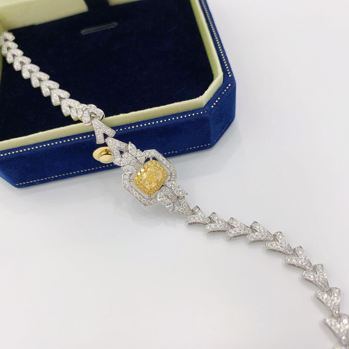 18K Yellow Gold Diamond Pillow Shape Luxury V-Clasp Bracelet - Premium Jewelry - Yellow Diamond Bracelet