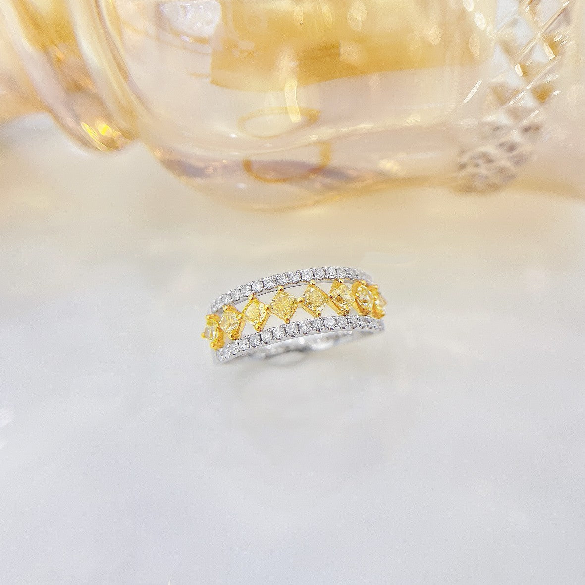 18K Yellow Gold Diamond Pillow Shape Pavé Ring - Premium Jewelry - Yellow Diamond Ring