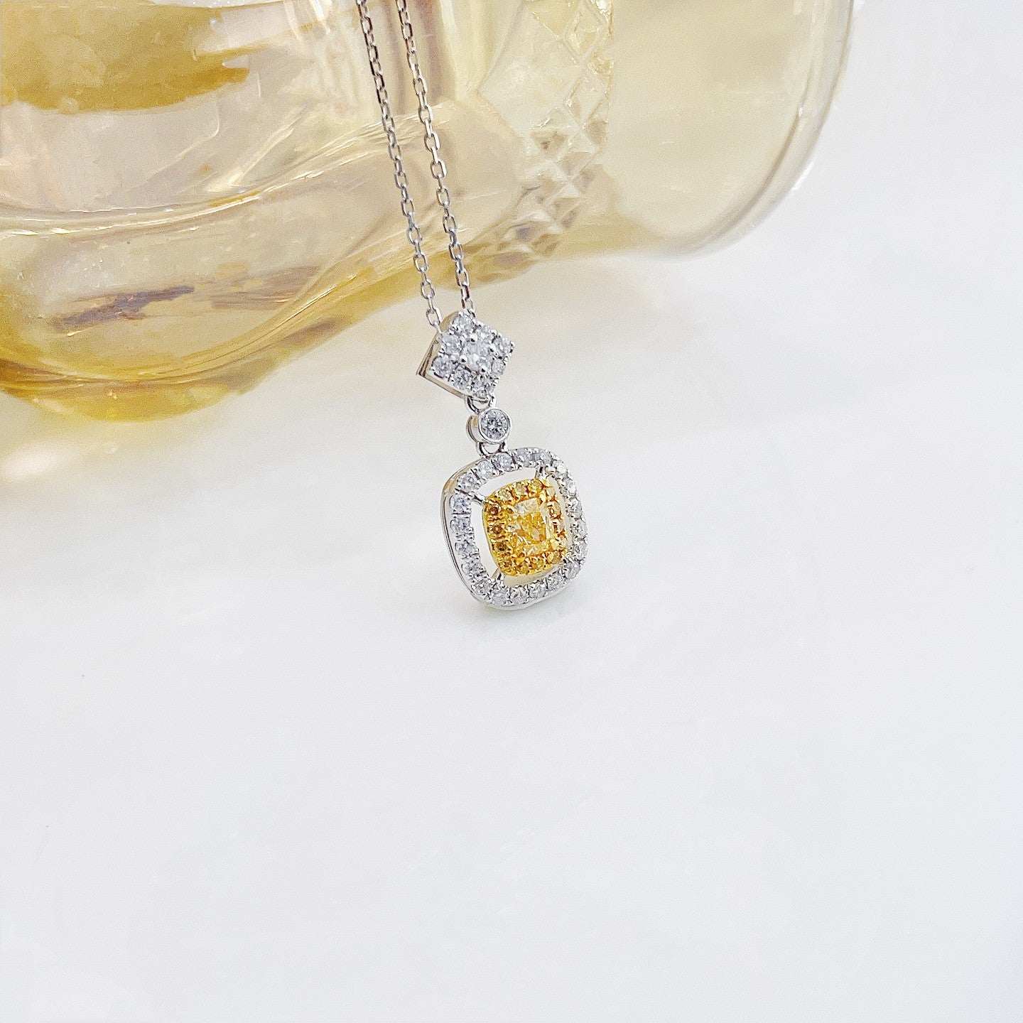 18K Yellow Gold Diamond Pillow Shape Pendant Necklace - Yellow Diamond Necklace