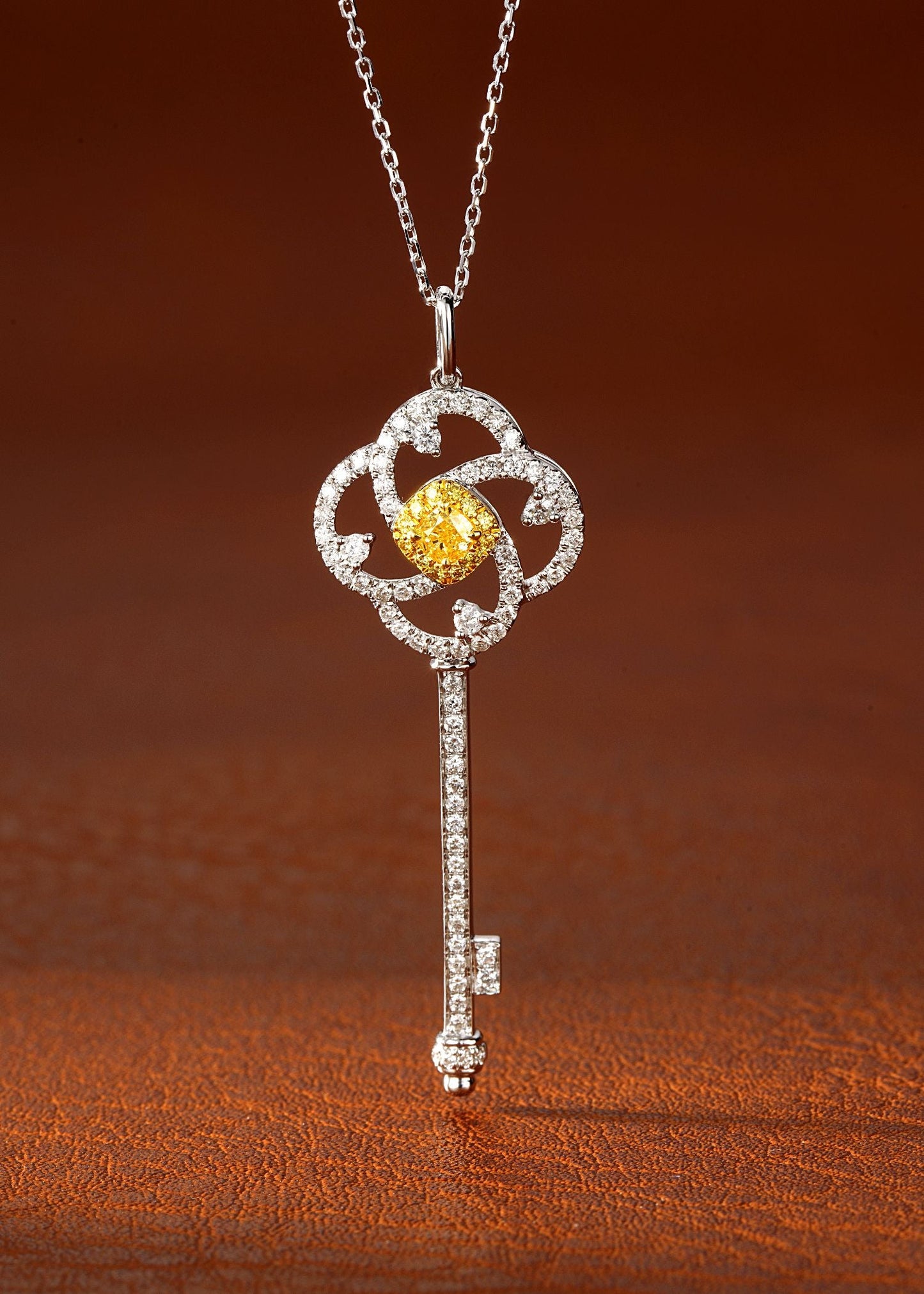 18K Yellow Gold Diamond Pillow Shape Rotating Key Pendant Necklace - Yellow Diamond Necklace