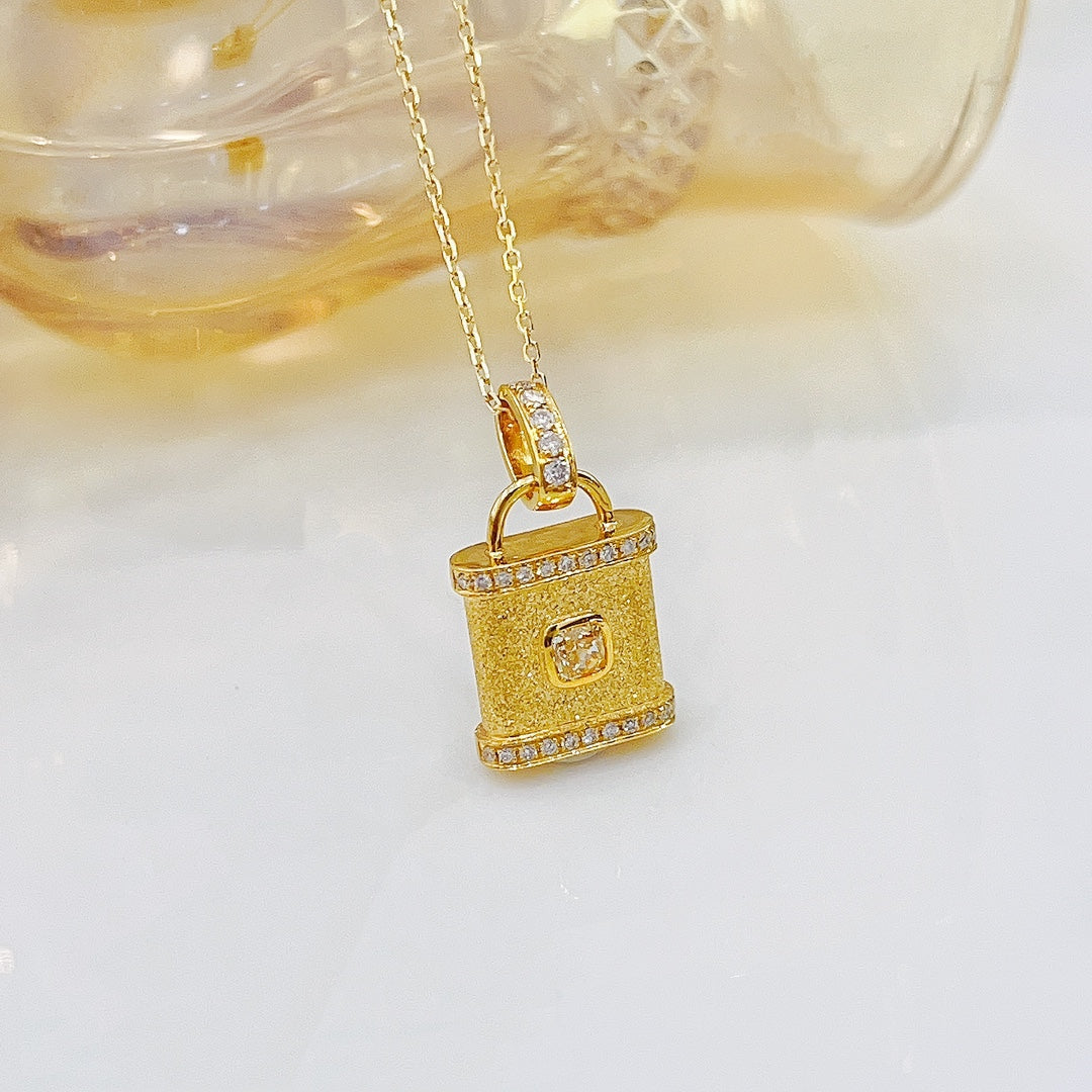 18K Yellow Gold Diamond Pillow Shape Sandblast French Necklace - Exquisite Jewelry - Yellow Diamond Necklace