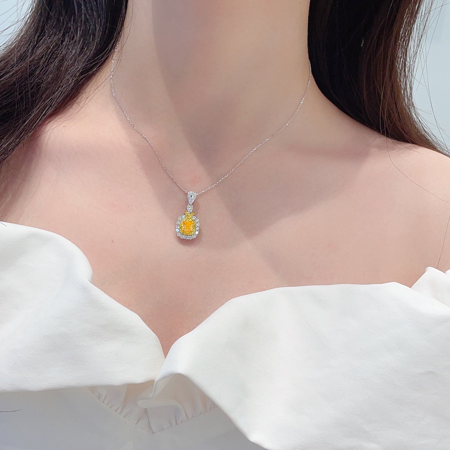 18K Yellow Gold Diamond Pillow Shape Split-Color Double Drop Necklace | Premium Jewelry - Yellow Diamond Necklace