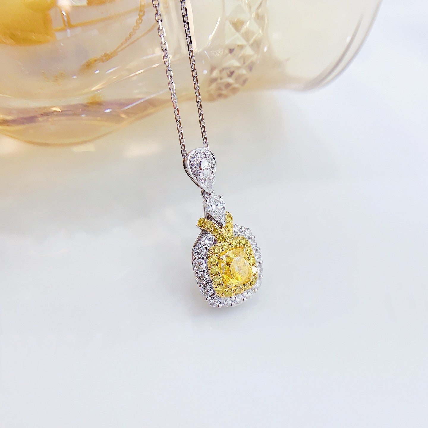 18K Yellow Gold Diamond Pillow Shape Split-Color Double Drop Necklace | Premium Jewelry - Yellow Diamond Necklace