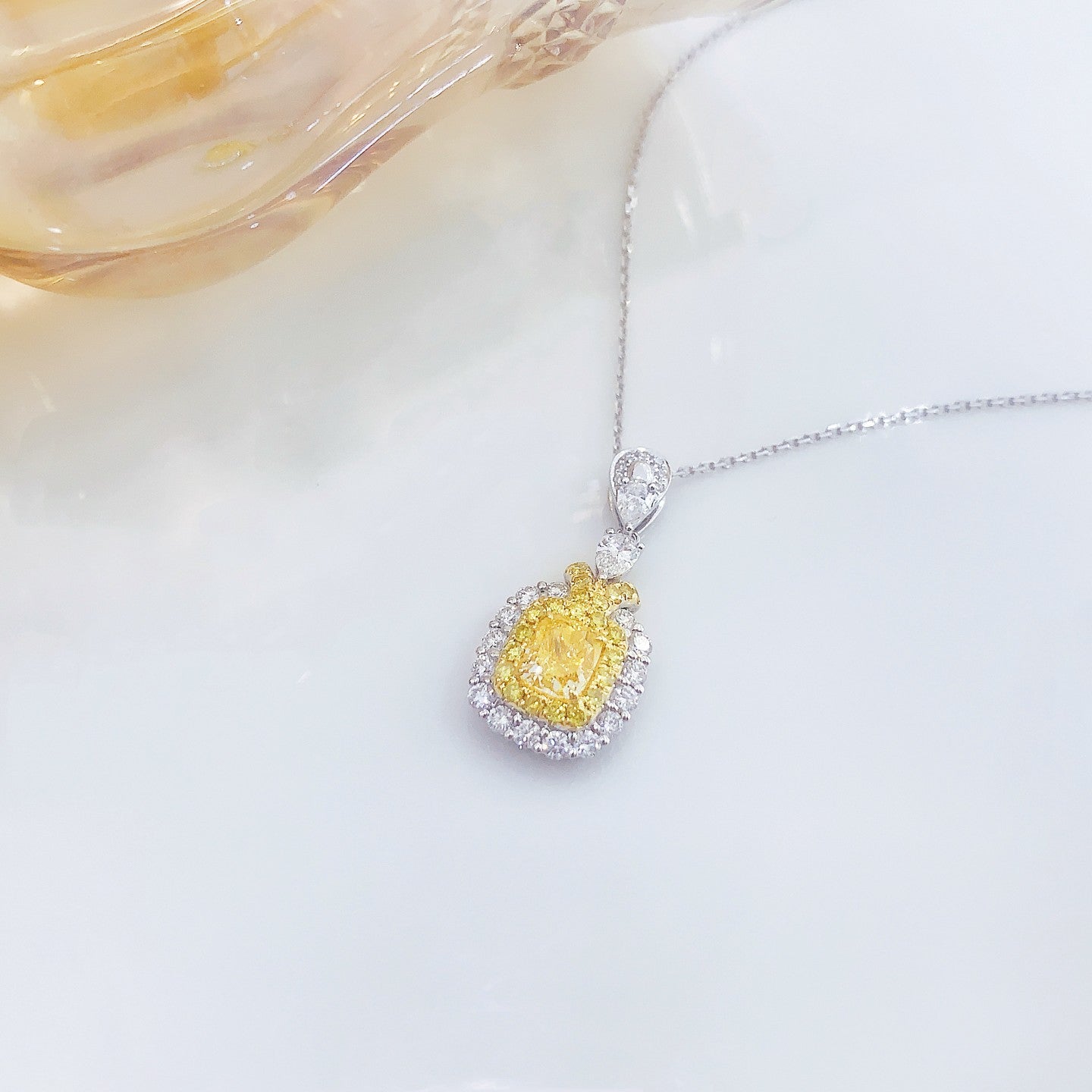 18K Yellow Gold Diamond Pillow Shape Split-Color Double Drop Necklace | Premium Jewelry - Yellow Diamond Necklace