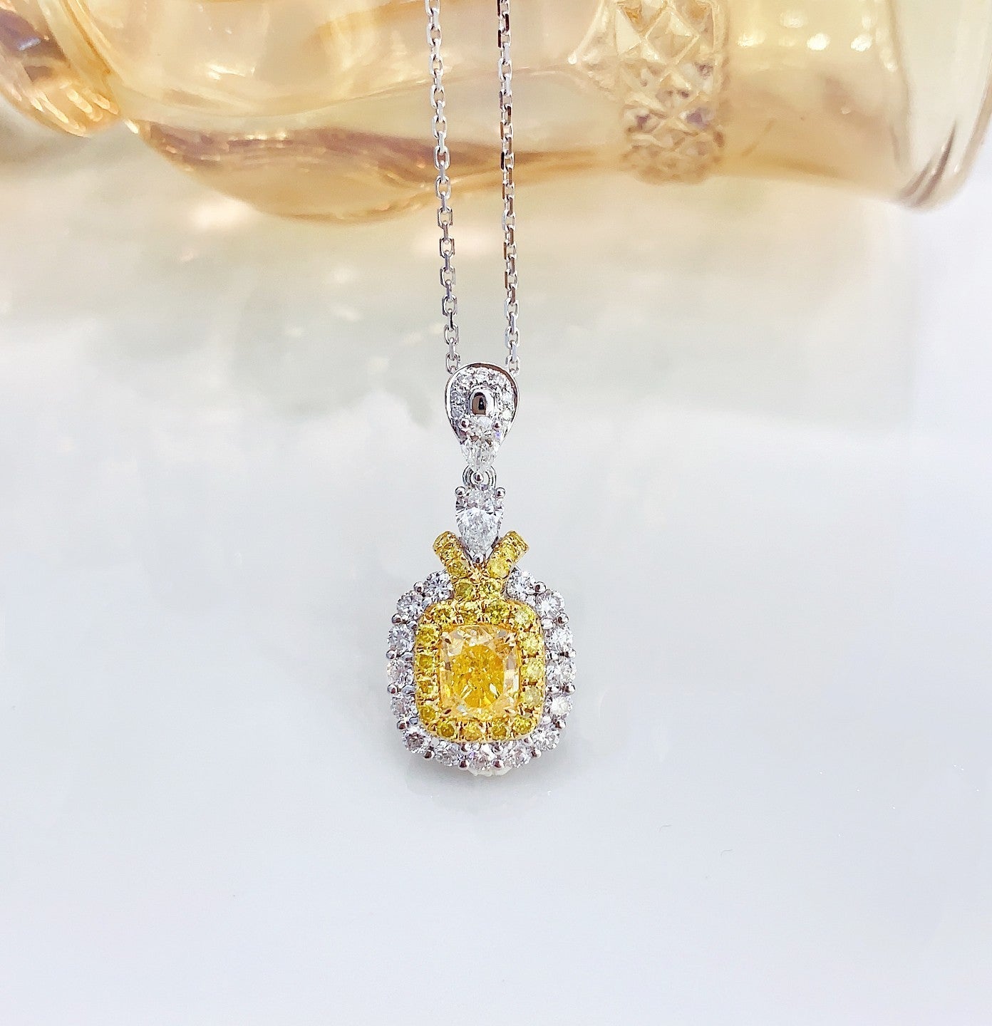 18K Yellow Gold Diamond Pillow Shape Split-Color Double Drop Necklace | Premium Jewelry - Yellow Diamond Necklace