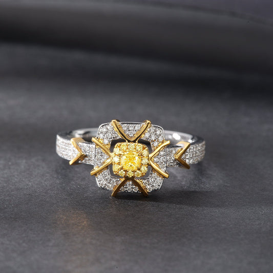 18K Yellow Gold Diamond Pillow Shape Split-Color Ring - Premium Jewelry - Yellow Diamond Ring