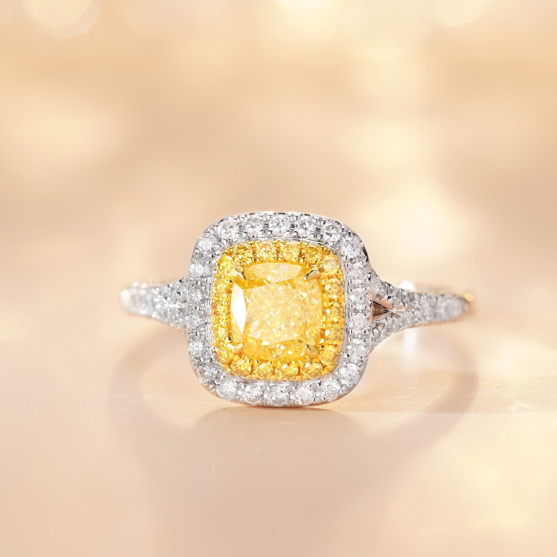 18K Yellow Gold Diamond Pillow Shape Y-Arm Ring with AGL Certificate - Yellow Diamond Ring