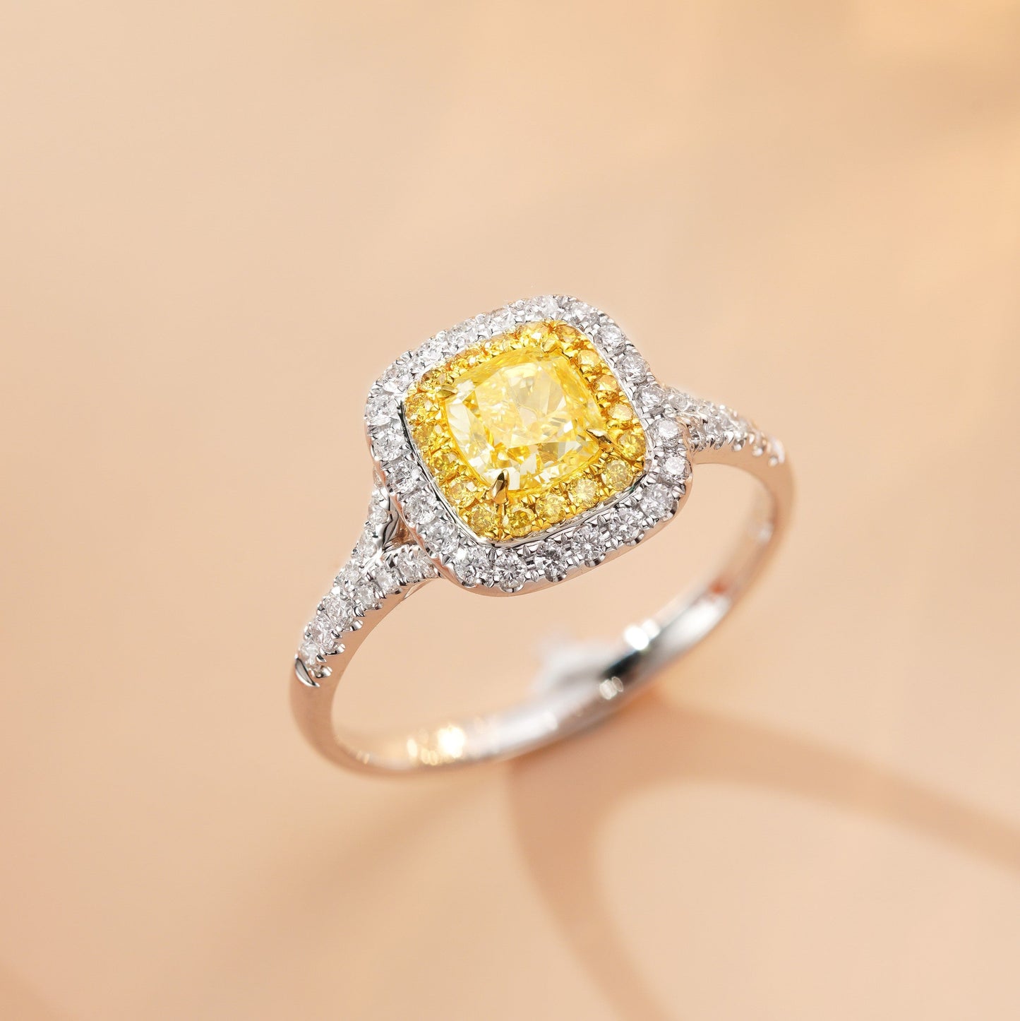 18K Yellow Gold Diamond Pillow Shape Y-Arm Ring with AGL Certificate - Yellow Diamond Ring