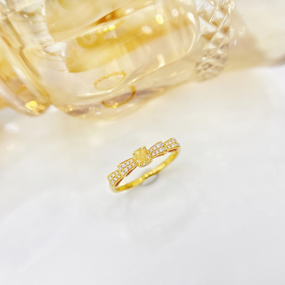 18K Yellow Gold Diamond Pillow-Shaped Bowknot Ring | Premium Jewelry - Yellow Diamond Ring