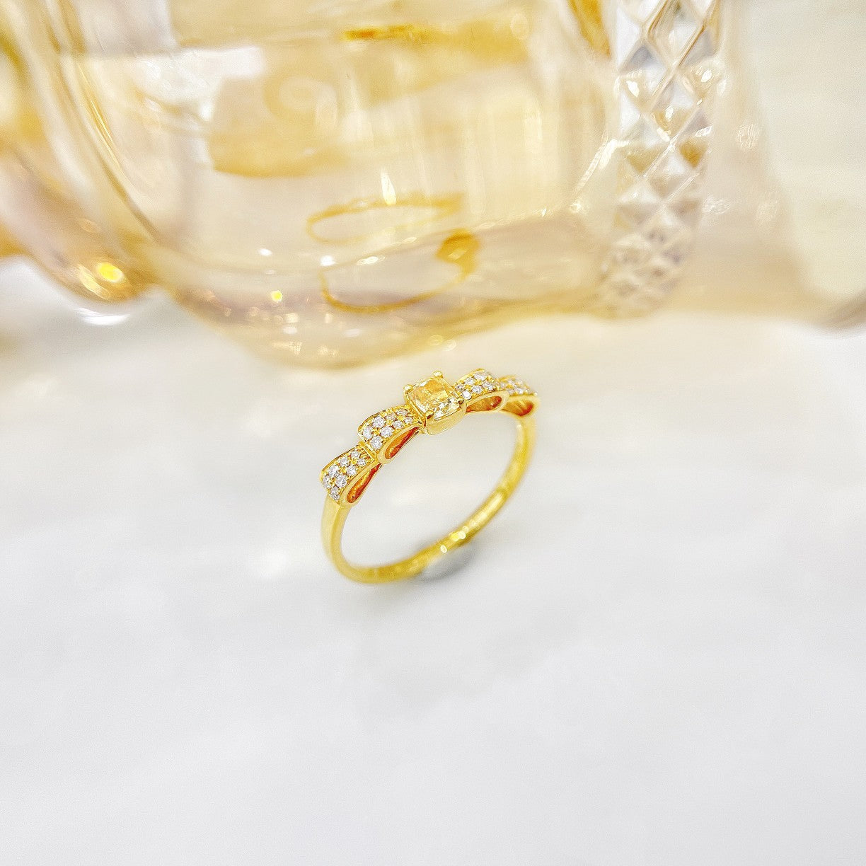 18K Yellow Gold Diamond Pillow-Shaped Bowknot Ring | Premium Jewelry - Yellow Diamond Ring