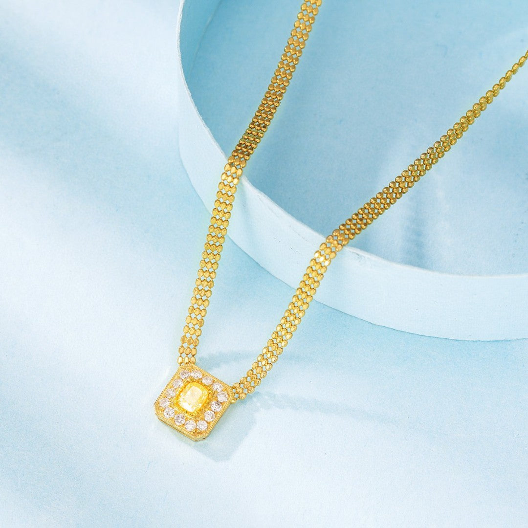 18K Yellow Gold Diamond Pillow-Shaped Cuban Link Necklace - Yellow Diamond Necklace