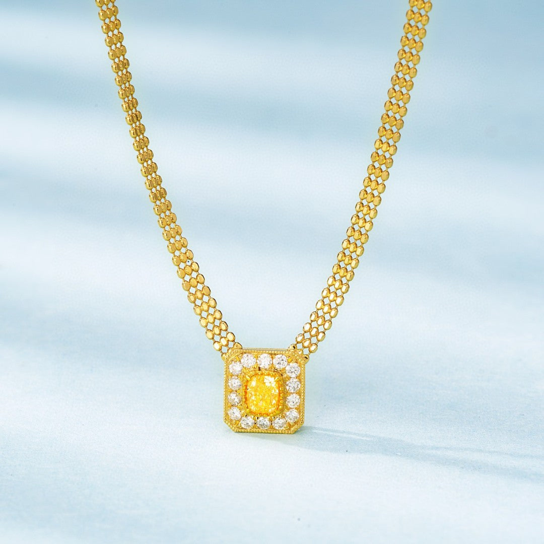 18K Yellow Gold Diamond Pillow-Shaped Cuban Link Necklace - Yellow Diamond Necklace