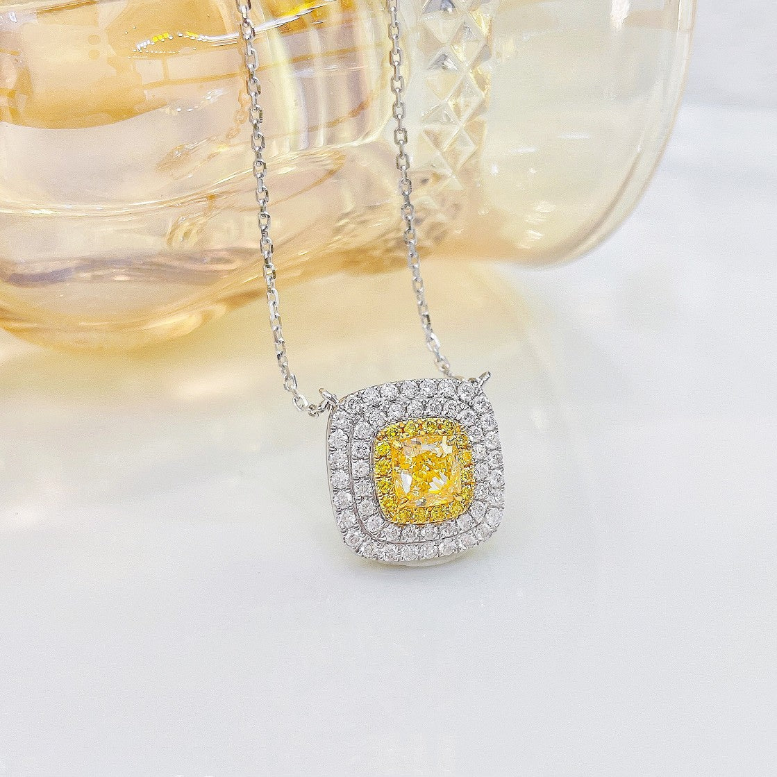 18K Yellow Gold Diamond Pillow-Shaped Double Halo Necklace - Premium Jewelry - Yellow Diamond Necklace