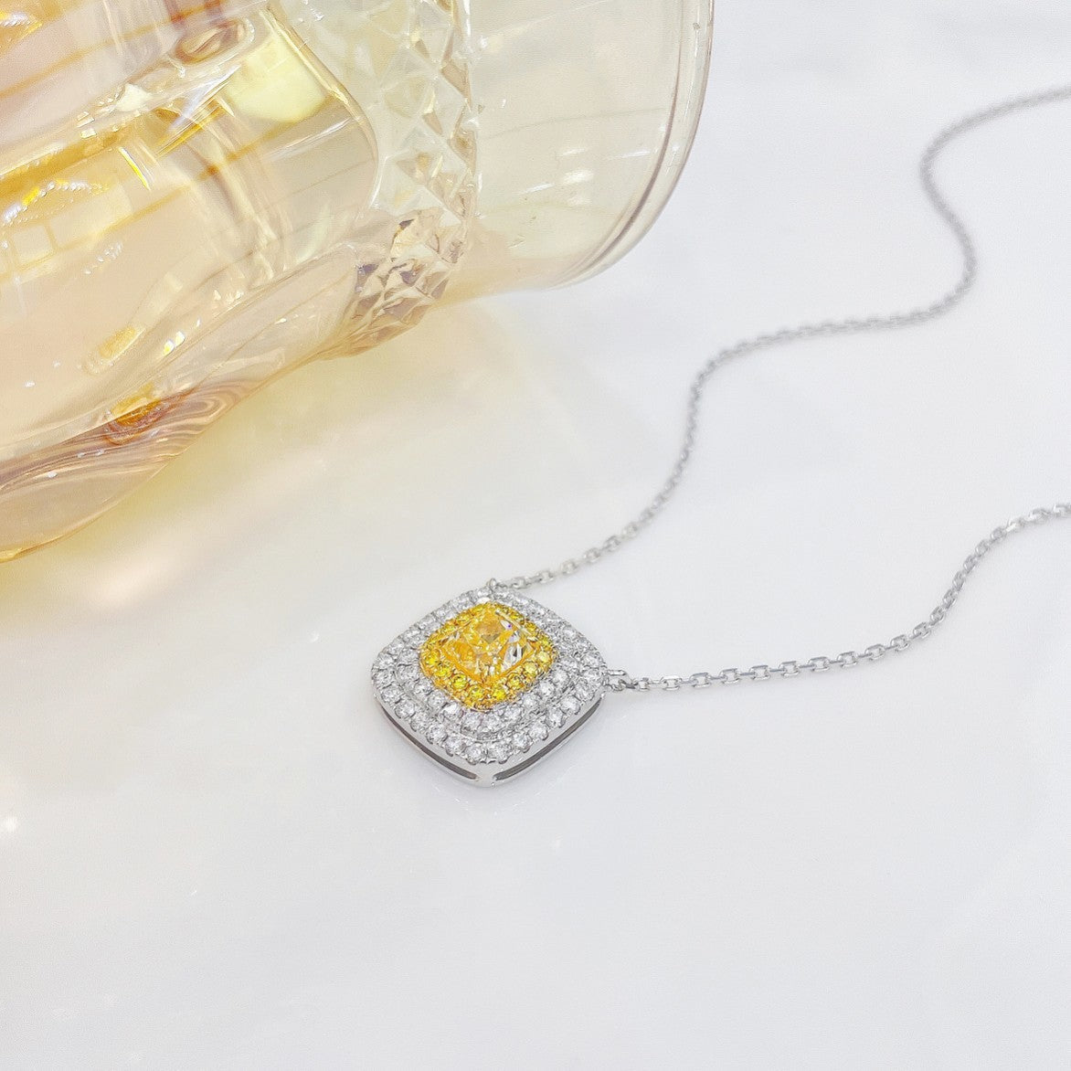 18K Yellow Gold Diamond Pillow-Shaped Double Halo Necklace - Premium Jewelry - Yellow Diamond Necklace