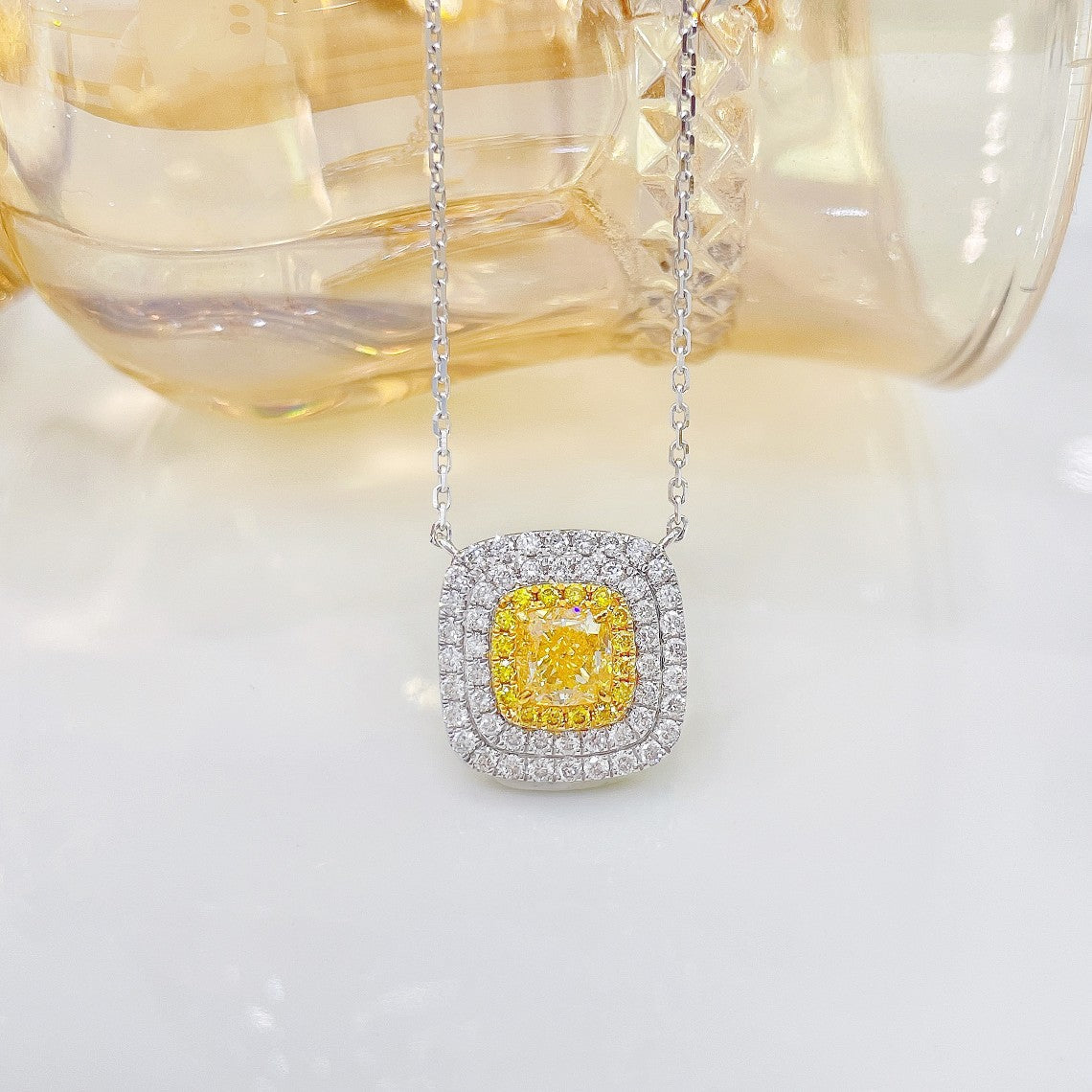 18K Yellow Gold Diamond Pillow-Shaped Double Halo Necklace - Premium Jewelry - Yellow Diamond Necklace