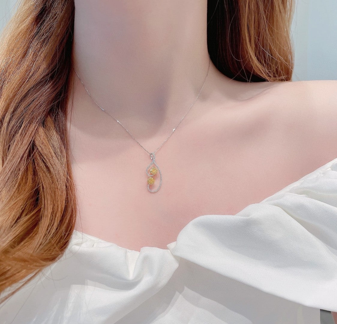 18K Yellow Gold Diamond Pillow-Shaped Double-Stone Necklace - Luxury Jewelry - Yellow Diamond Necklace