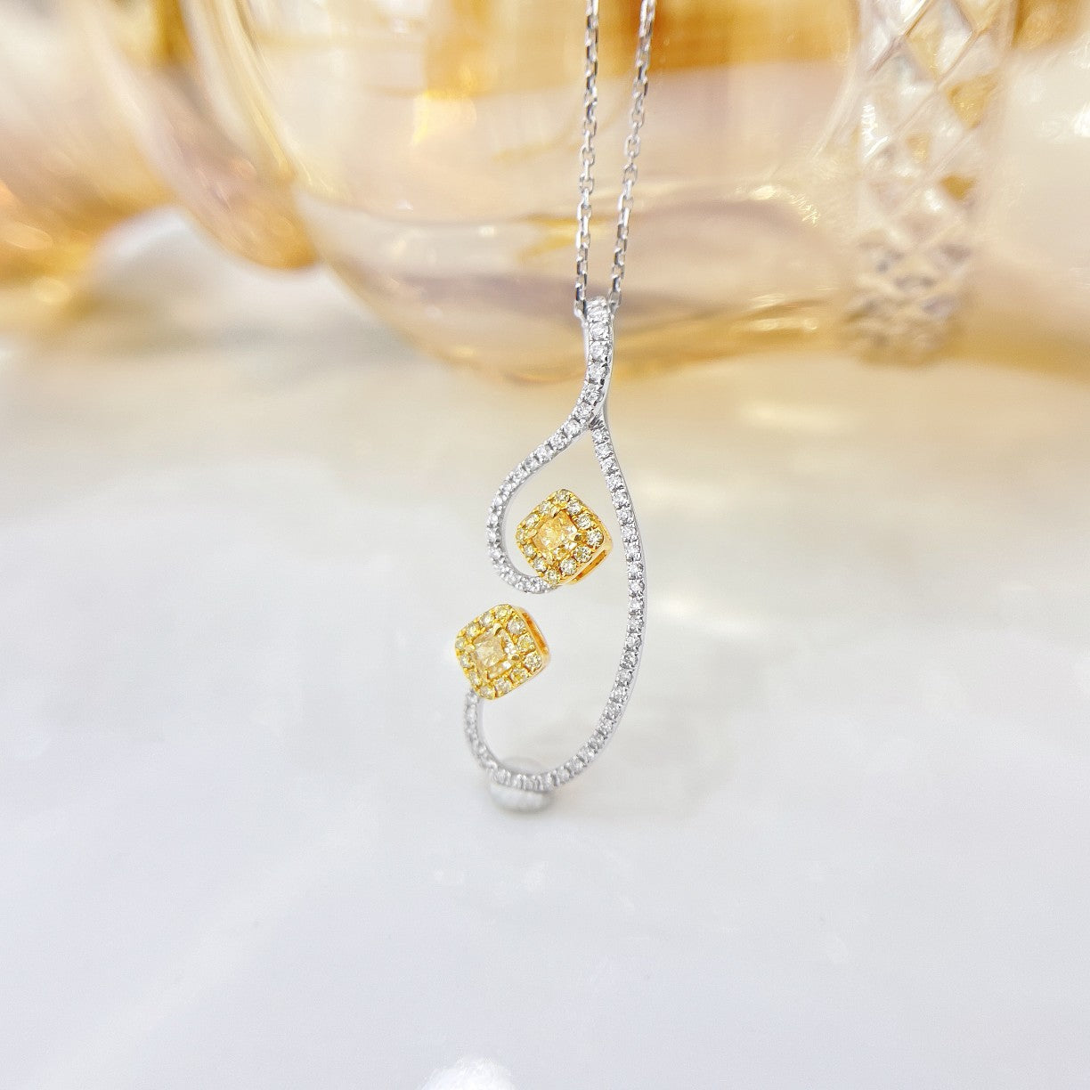 18K Yellow Gold Diamond Pillow-Shaped Double-Stone Necklace - Luxury Jewelry - Yellow Diamond Necklace