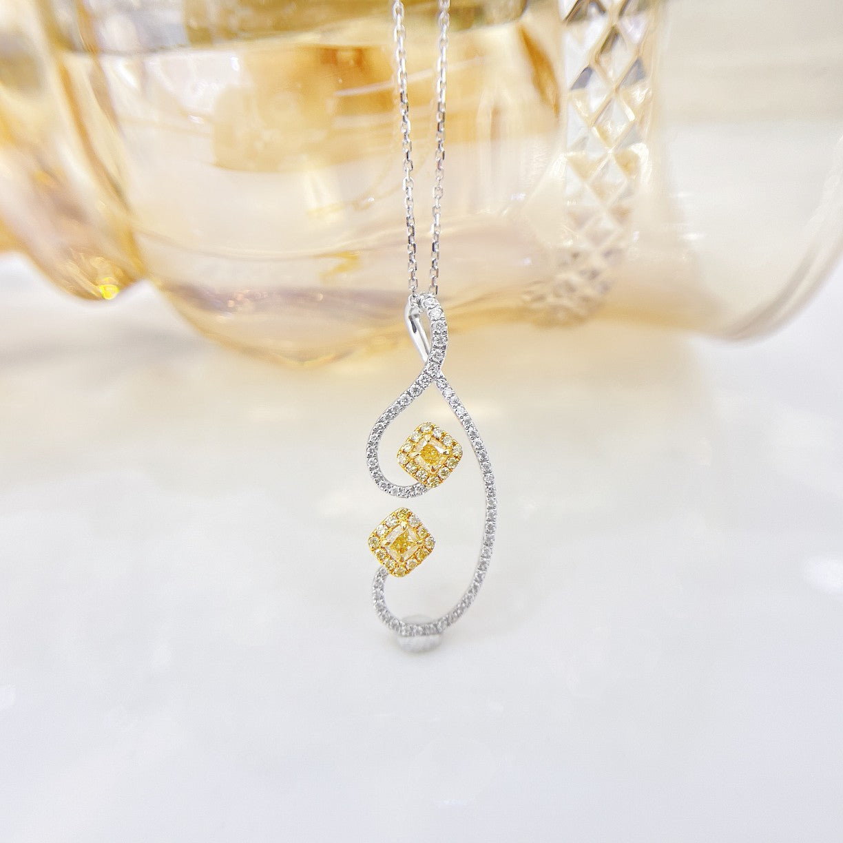 18K Yellow Gold Diamond Pillow-Shaped Double-Stone Necklace - Luxury Jewelry - Yellow Diamond Necklace