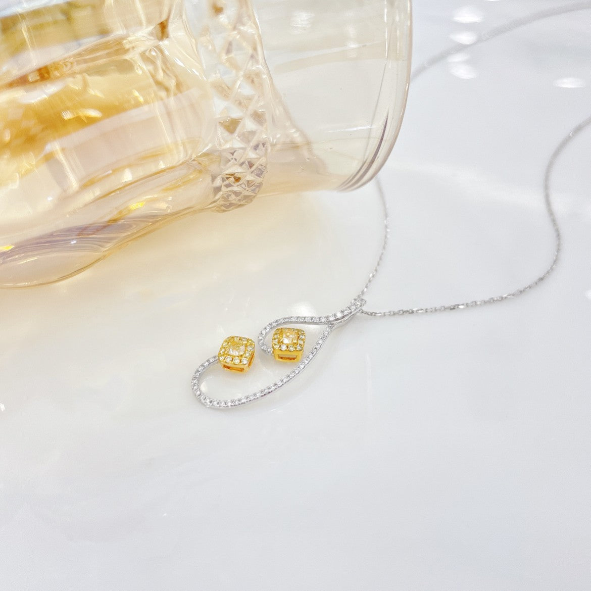 18K Yellow Gold Diamond Pillow-Shaped Double-Stone Necklace - Luxury Jewelry - Yellow Diamond Necklace