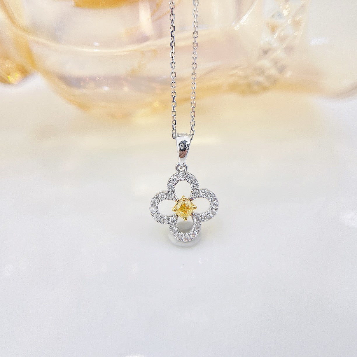 18K Yellow Gold Diamond Pillow-shaped Four-Leaf Clover Necklace - Luxury Jewelry - Yellow Diamond Necklace