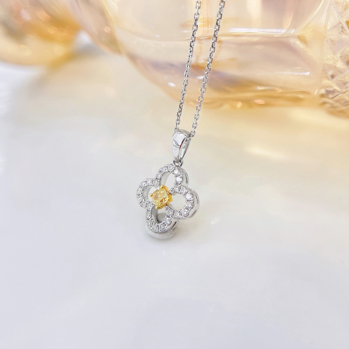 18K Yellow Gold Diamond Pillow-shaped Four-Leaf Clover Necklace - Luxury Jewelry - Yellow Diamond Necklace