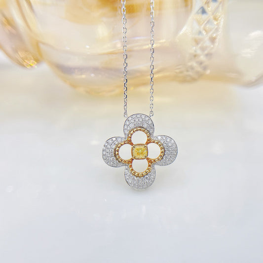 18K Yellow Gold Diamond Pillow-shaped Four-Leaf Clover Necklace - Yellow Diamond Necklace