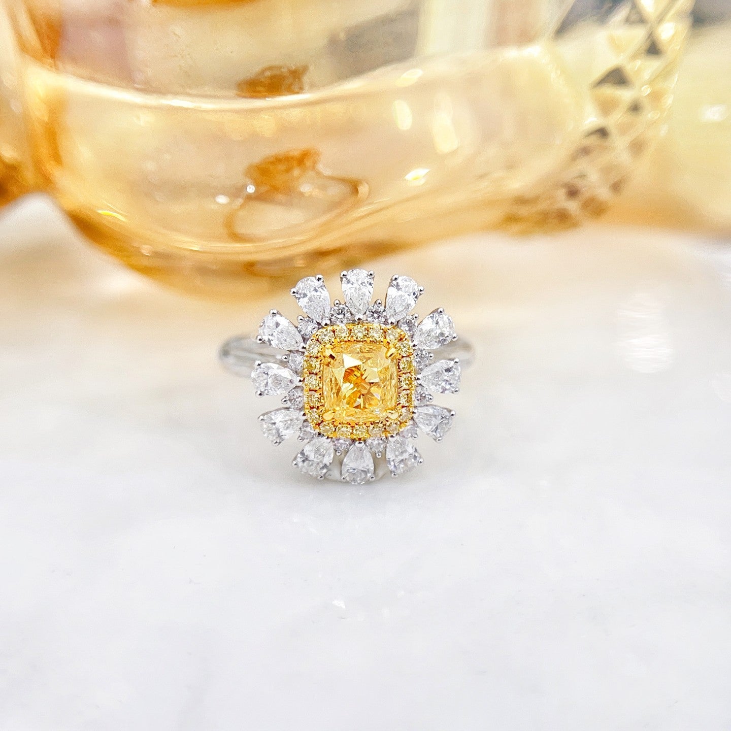 18K Yellow Gold Diamond Pillow-Shaped Halo Drop Ring | Premium Jewelry - Yellow Diamond Ring