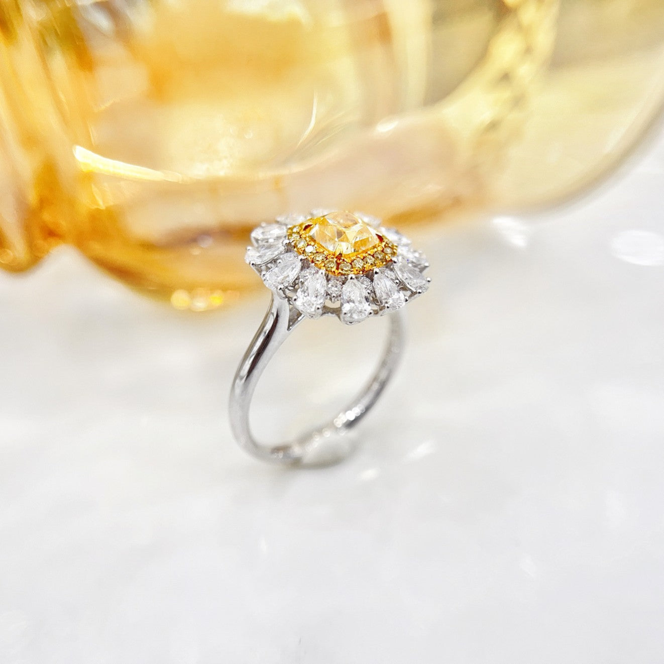 18K Yellow Gold Diamond Pillow-Shaped Halo Drop Ring | Premium Jewelry - Yellow Diamond Ring