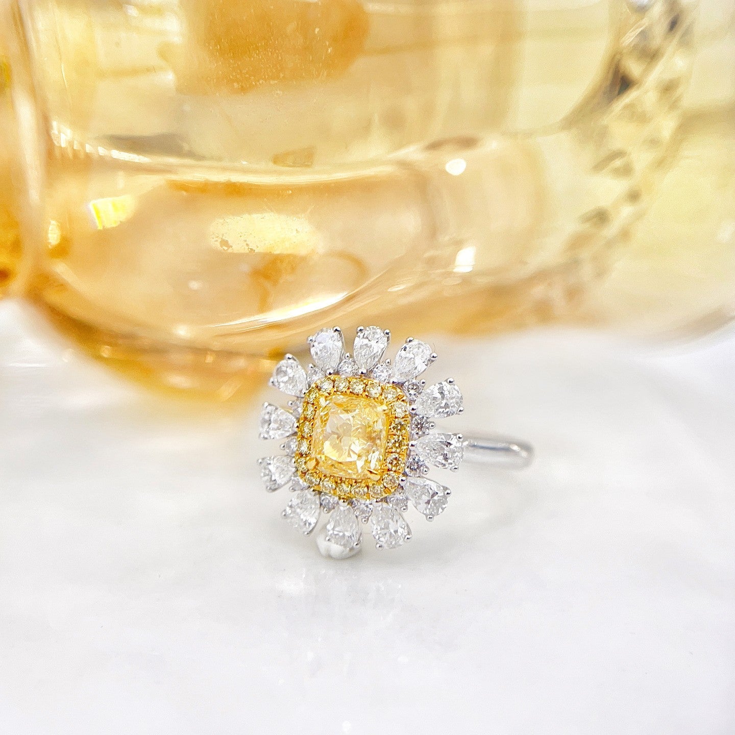 18K Yellow Gold Diamond Pillow-Shaped Halo Drop Ring | Premium Jewelry - Yellow Diamond Ring