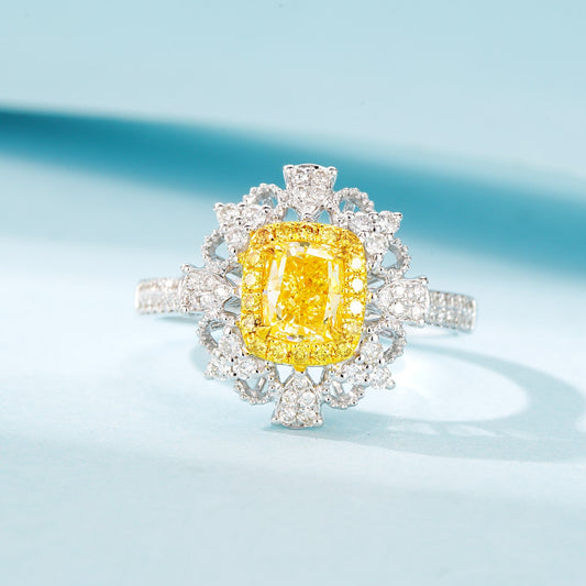 18K Yellow Gold Diamond Pillow-shaped Lace Hollow Ring with AGL Certificate - Yellow Diamond Ring