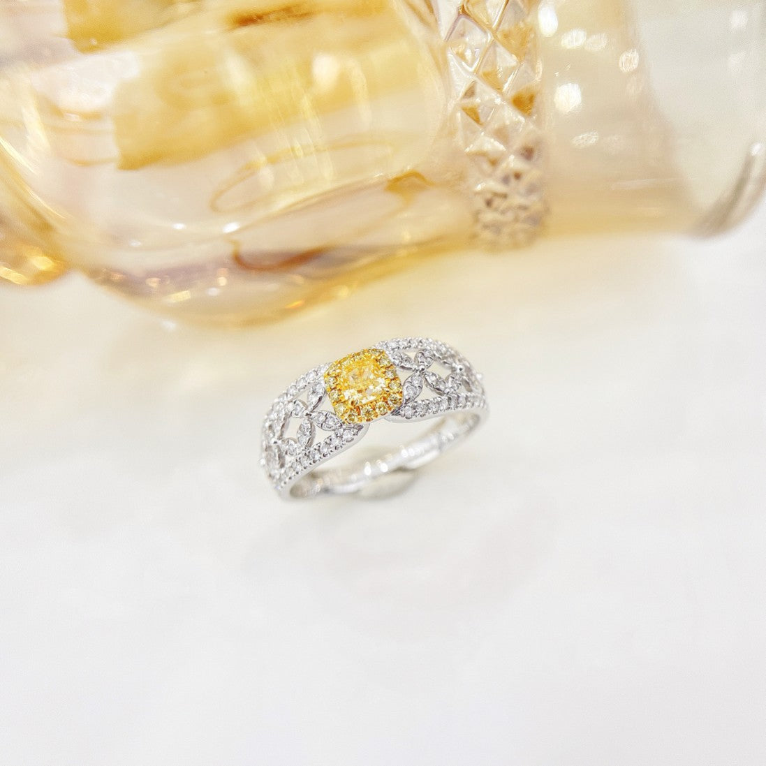 18K Yellow Gold Diamond Pillow-Shaped Lace Ring | Premium Jewelry - Yellow Diamond Ring