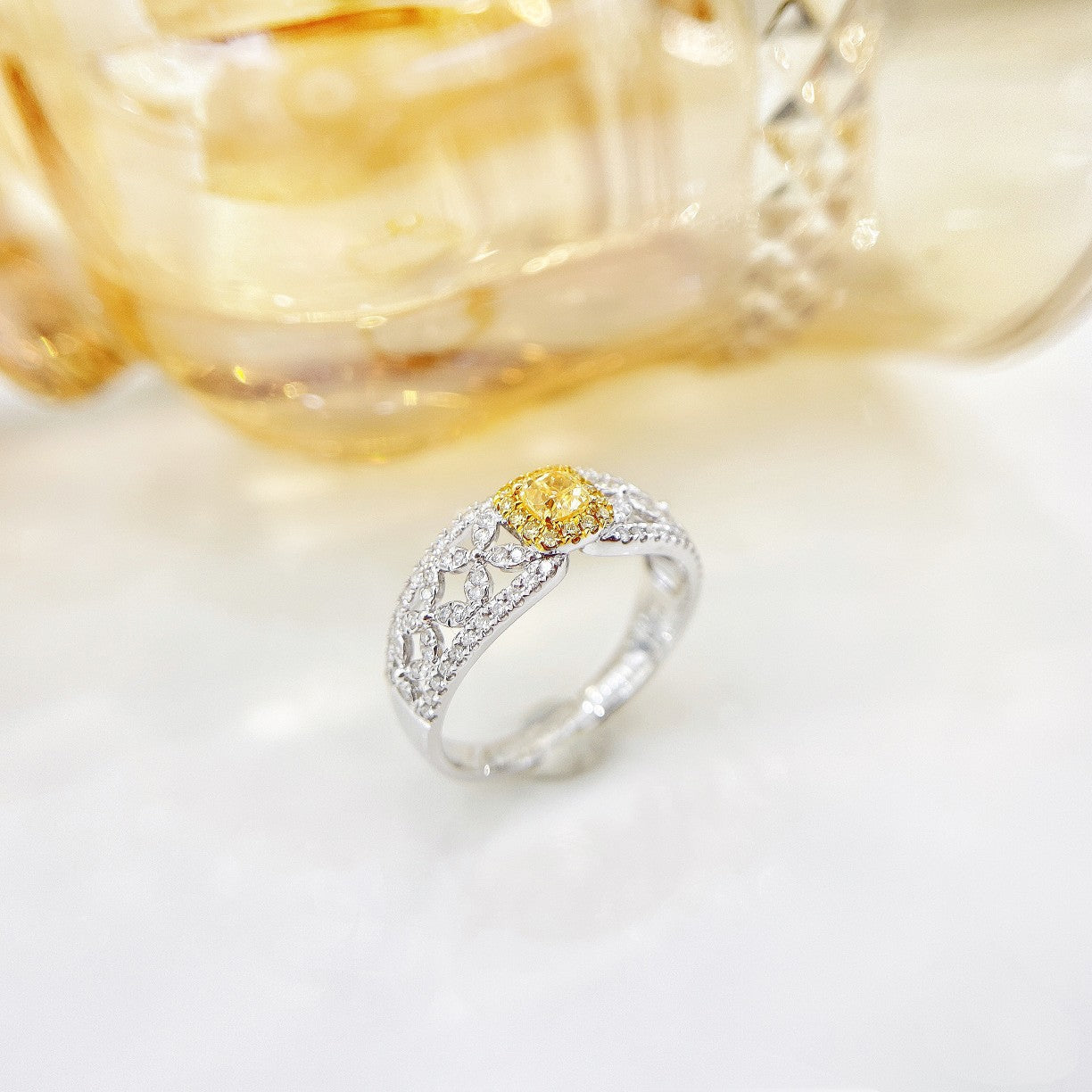 18K Yellow Gold Diamond Pillow-Shaped Lace Ring | Premium Jewelry - Yellow Diamond Ring