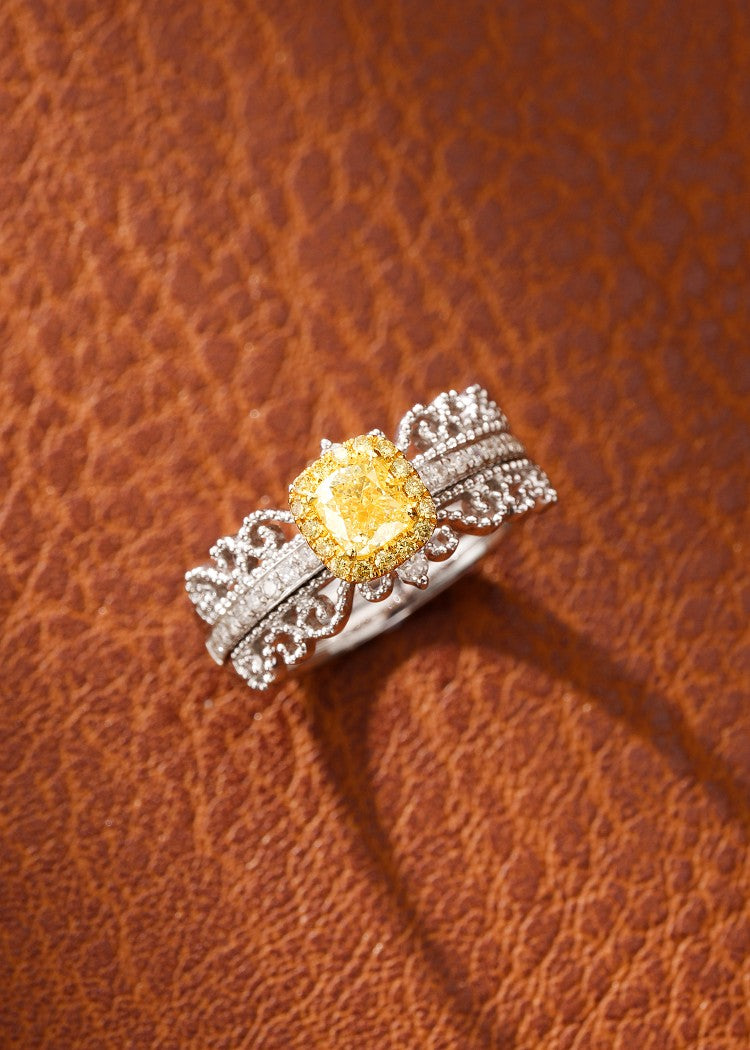 18K Yellow Gold Diamond Pillow-Shaped Lace Ring | Premium Jewelry - Yellow Diamond Ring