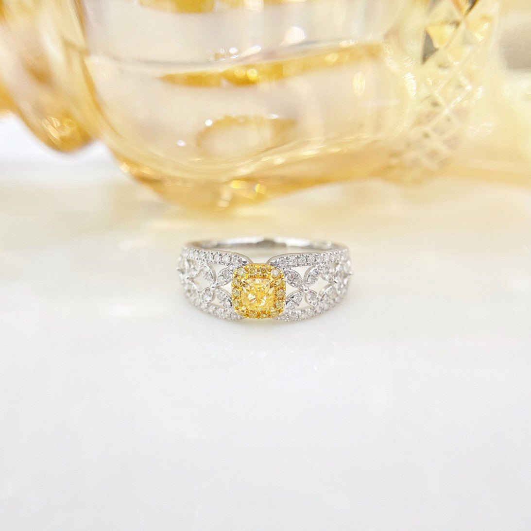 18K Yellow Gold Diamond Pillow-Shaped Lace Ring | Premium Jewelry - Yellow Diamond Ring