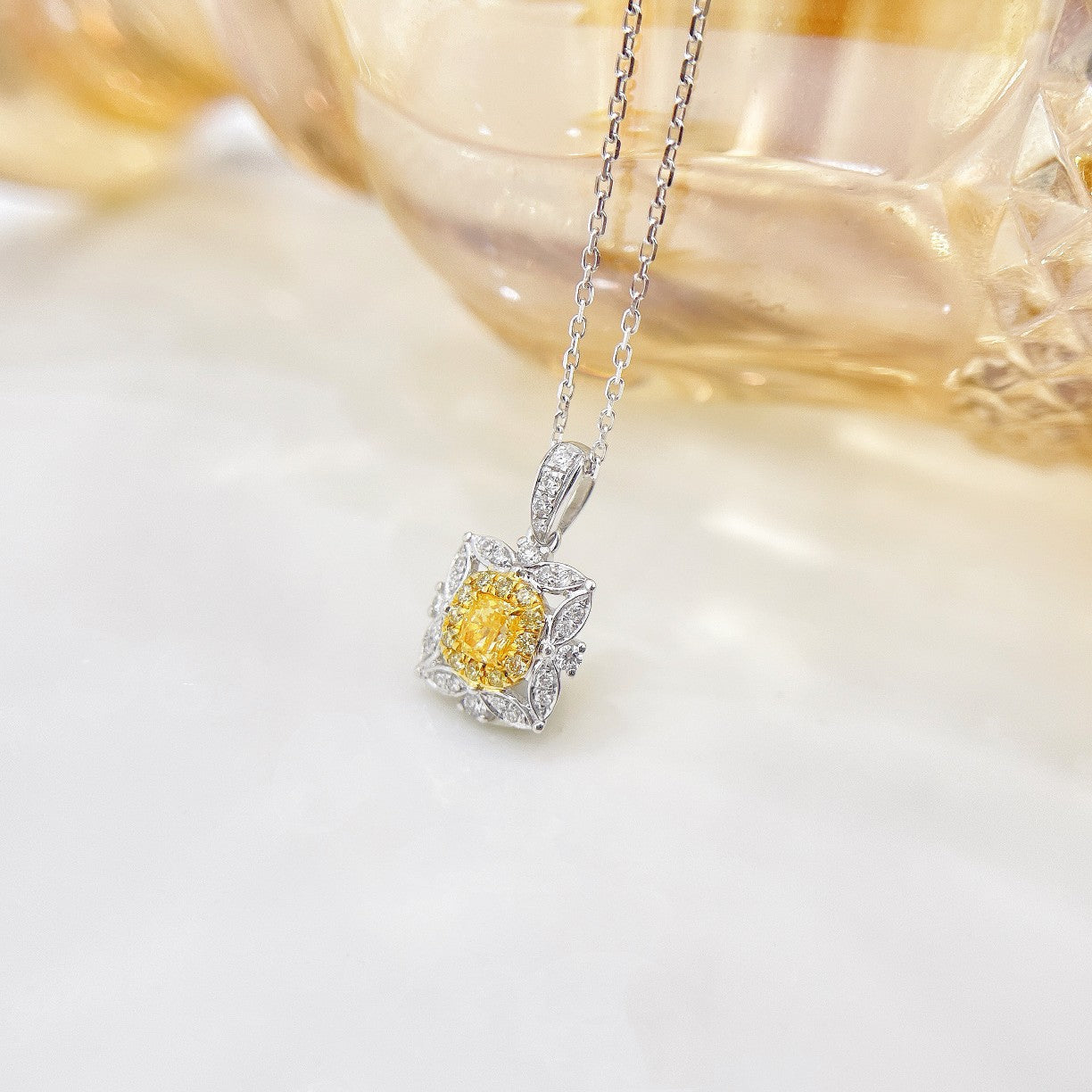 18K Yellow Gold Diamond Pillow-Shaped Rhombus Pendant Necklace - Luxurious Jewelry - Yellow Diamond Necklace