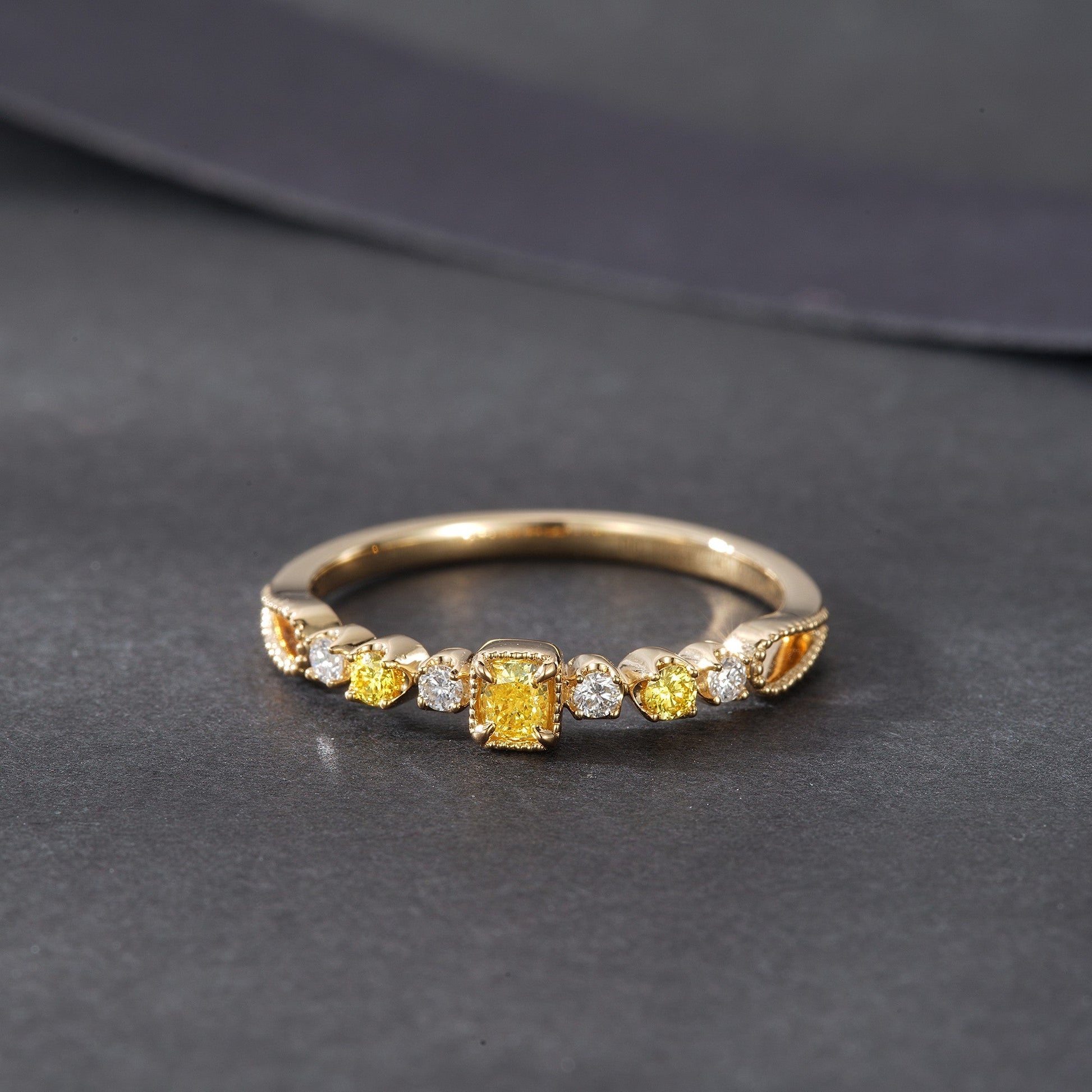 18K Yellow Gold Diamond Pillow-Shaped Ring - Premium Jewelry - Yellow Diamond Ring