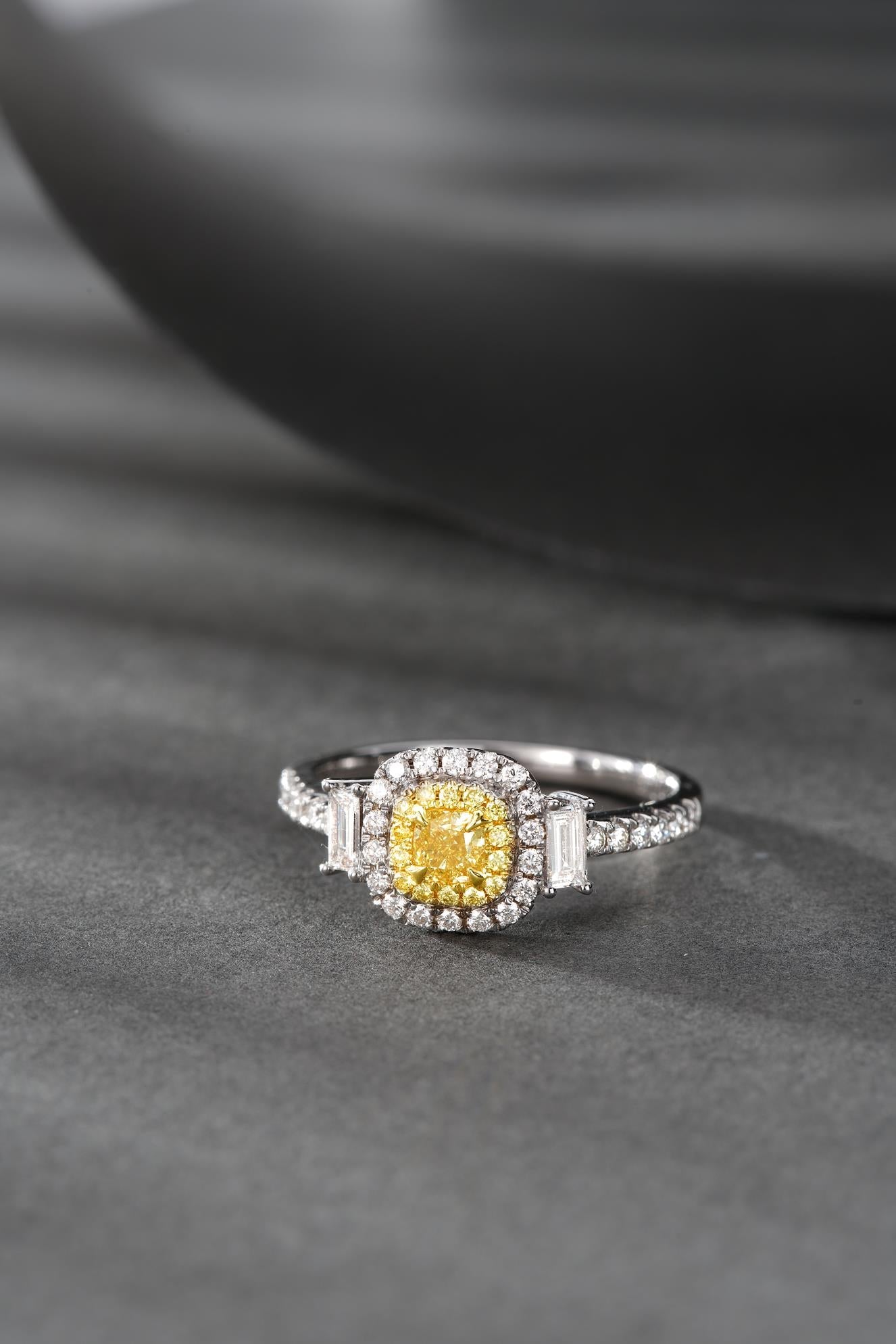 18K Yellow Gold Diamond Pillow-Shaped Ring with Baguette Side Stones - Premium Jewelry - Yellow Diamond Ring