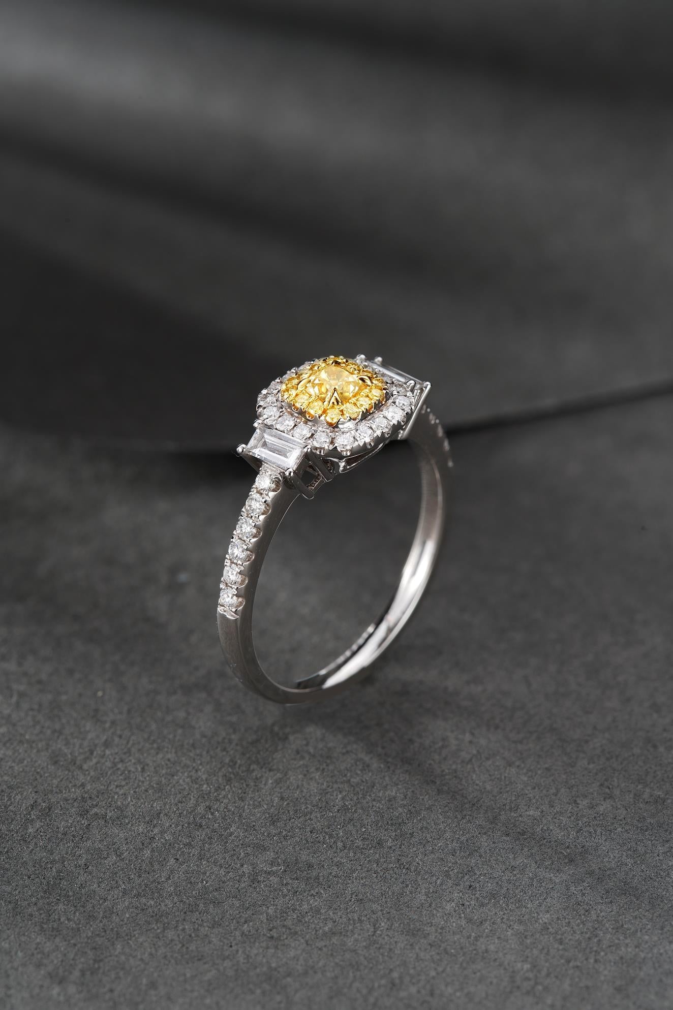 18K Yellow Gold Diamond Pillow-Shaped Ring with Baguette Side Stones - Premium Jewelry - Yellow Diamond Ring