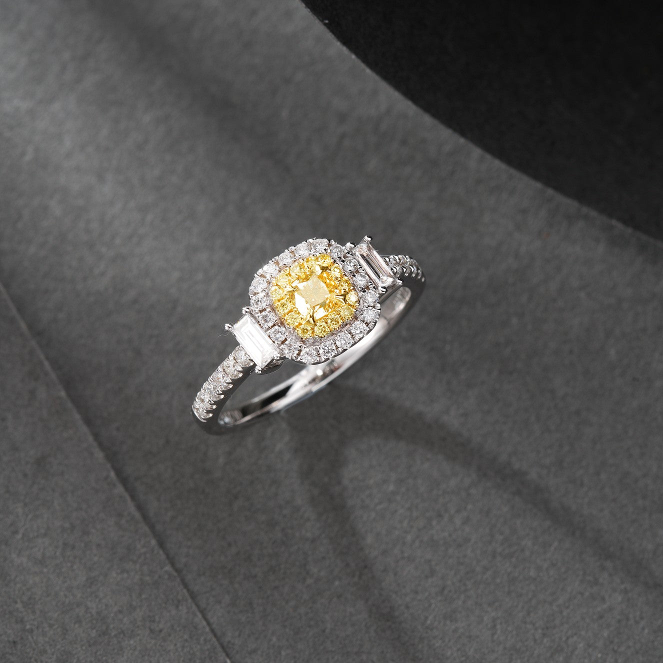 18K Yellow Gold Diamond Pillow-Shaped Ring with Baguette Side Stones - Premium Jewelry - Yellow Diamond Ring